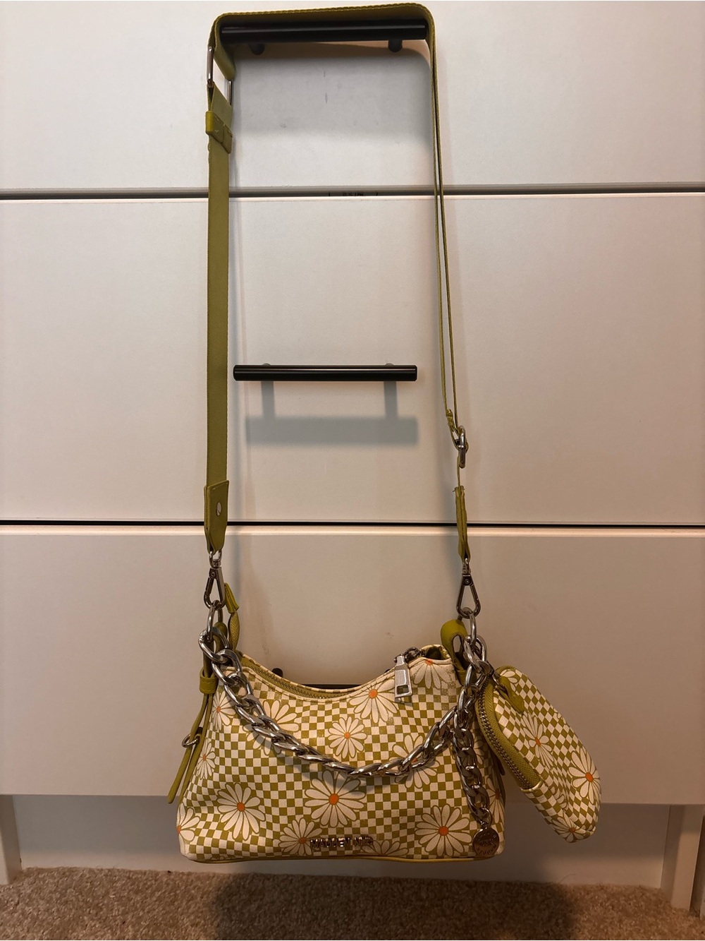 Floral Checkered Yellow Crossbody Bag with Coin Pouch
